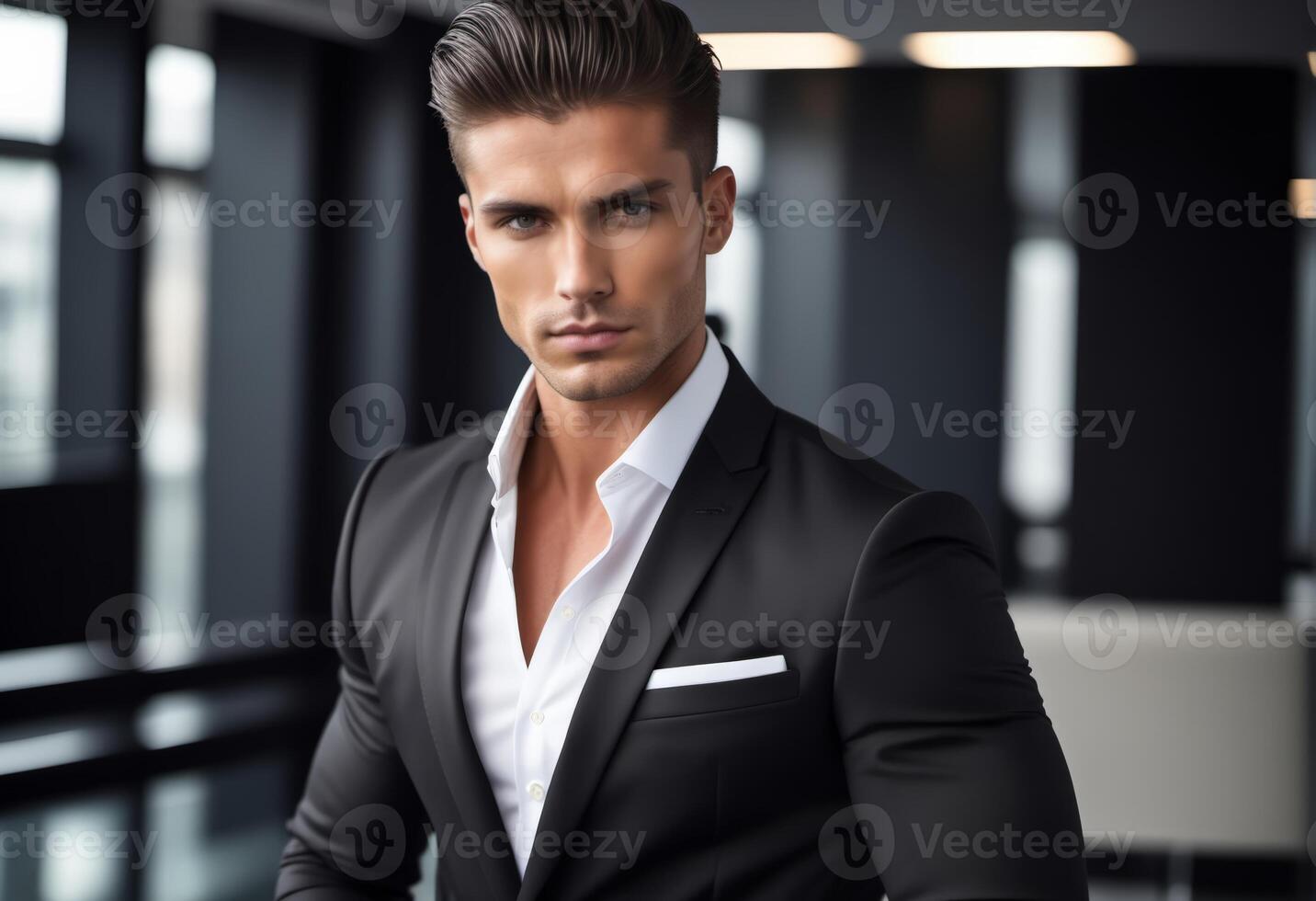 AI generated Confident young Caucasian businessman wearing a tailored suit in a modern office environment, ideal imagery for corporate branding and professionals day photo