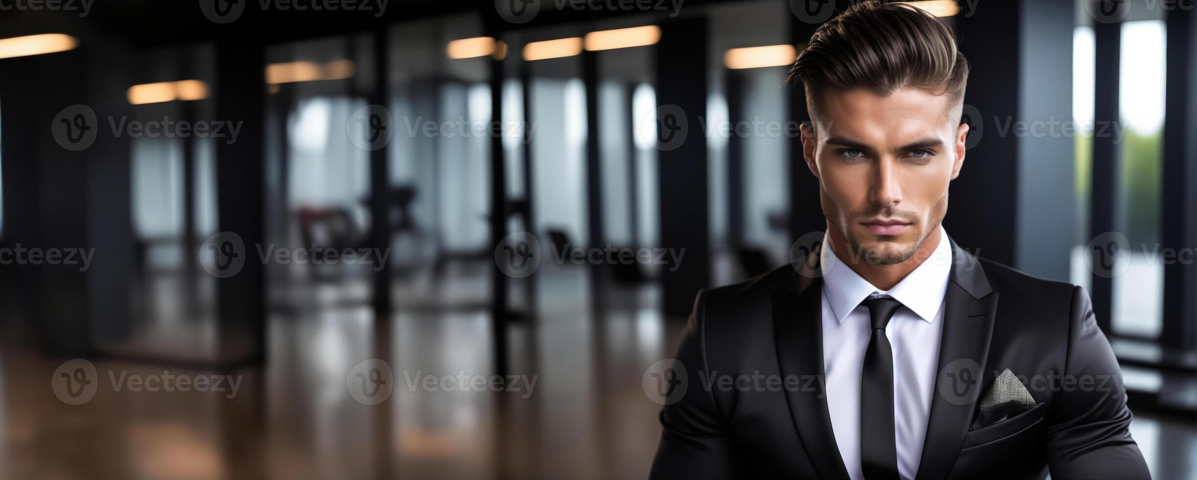 AI generated Handsome Caucasian man in a stylish suit posing confidently in a modern office setting, ideal for business success and professional lifestyle themes photo