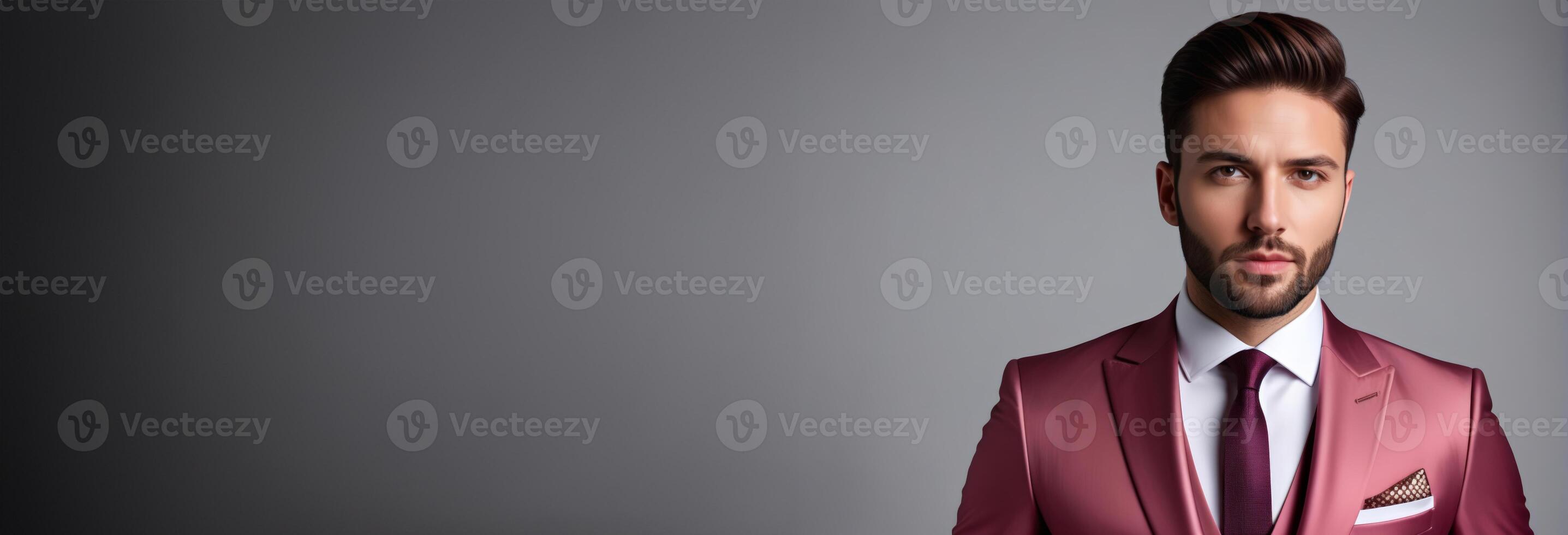 AI generated Confident businessman in a stylish maroon suit posing against a grey background, ideal for corporate branding and professional headshots photo