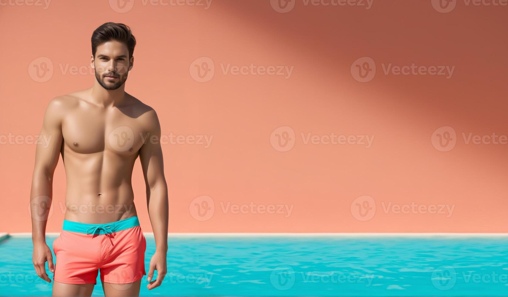 AI generated Fit young man in swim shorts standing by a poolside, ideal for summer vacation and travel themes, with a generic ethnic appearance photo