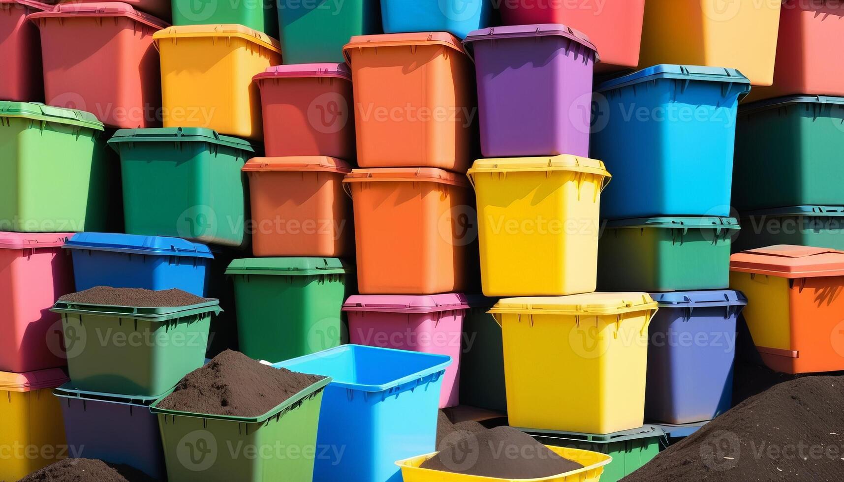 AI generated Vibrant multi colored plastic containers stacked outdoors, conceptually ideal for organization, spring cleaning, and recycling initiatives photo