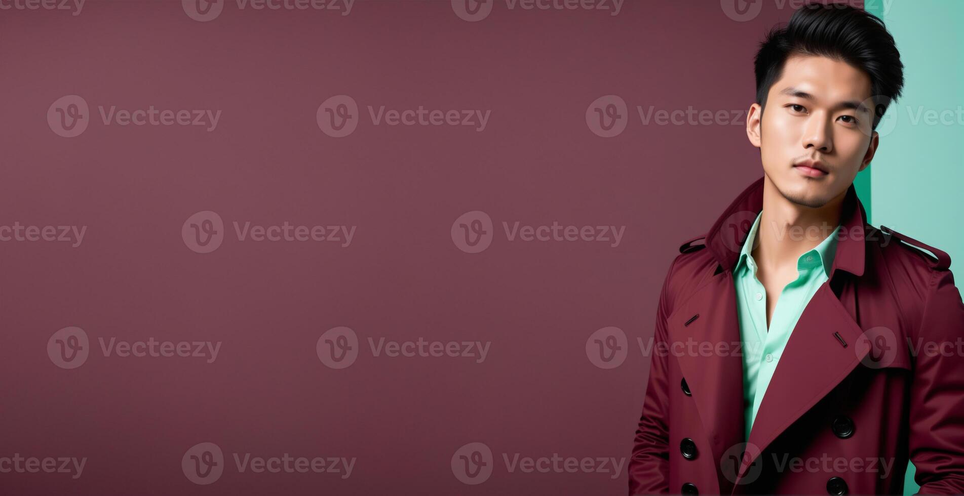 AI generated Confident Asian man in stylish burgundy trench coat against a teal background, ideal for fashion themes and cultural diversity campaigns photo