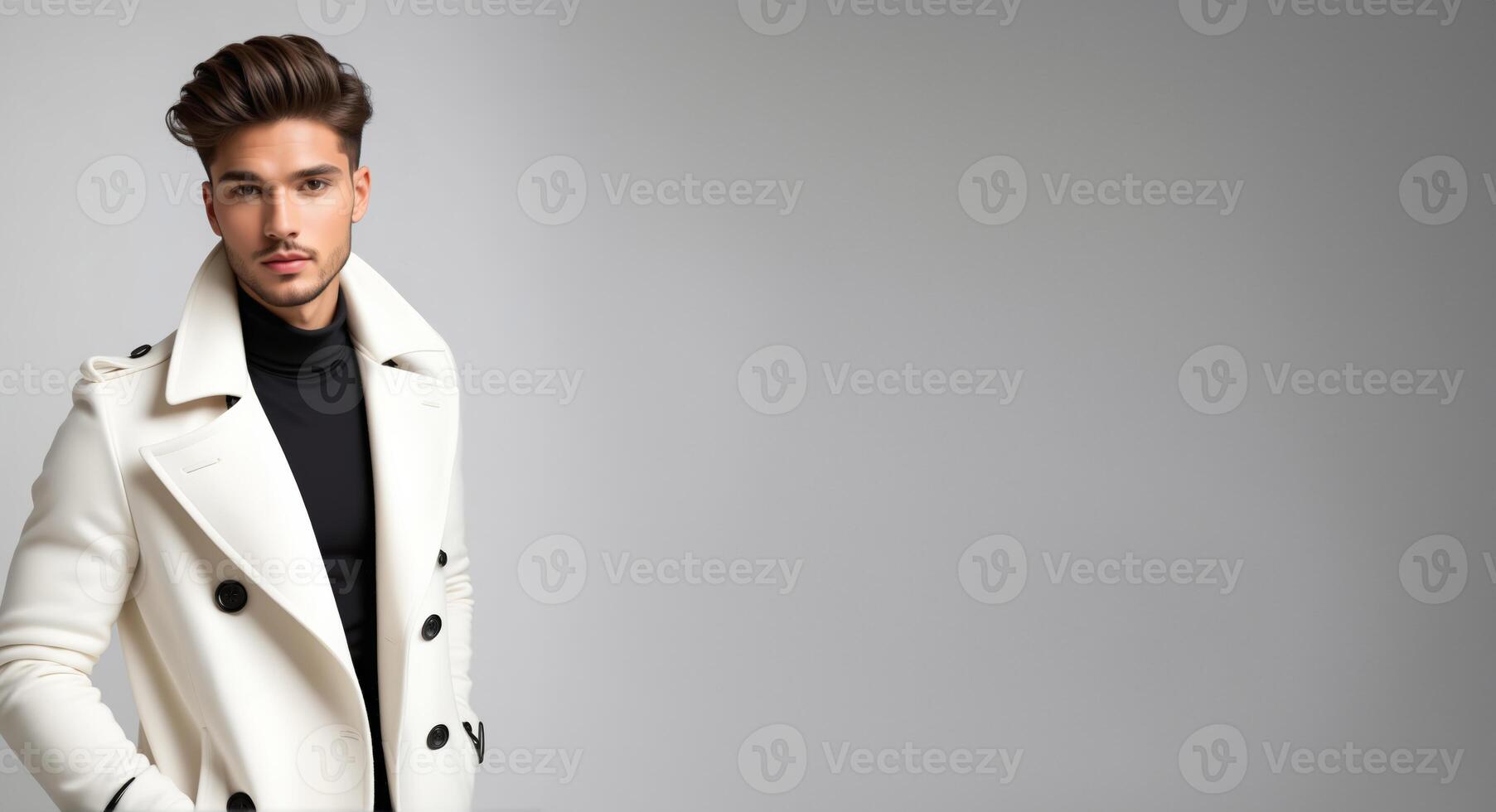 AI generated Stylish young man with modern hairstyle wearing a beige trench coat over black attire, posing on a gray gradient background, ideal for fashion themes and autumn sales photo