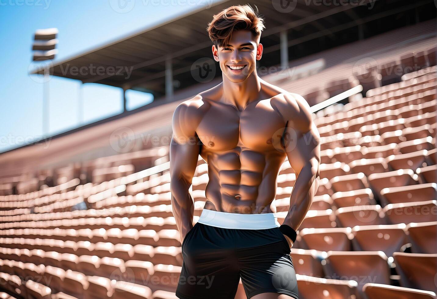 ai generado ajuste caucásico masculino atleta sonriente con confianza a un iluminado por el sol estadio, encarnando salud y aptitud para Deportes y bienestar conceptos foto