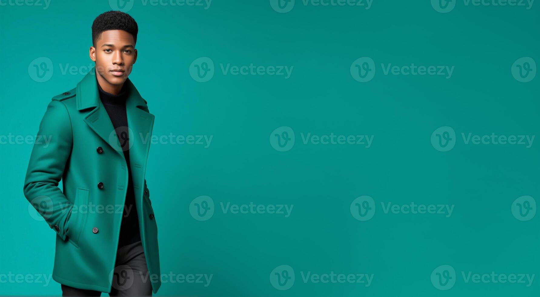 AI generated Stylish African American man in fashionable green coat over turquoise background, ideal for fashion concepts and St Patricks Day promotions photo