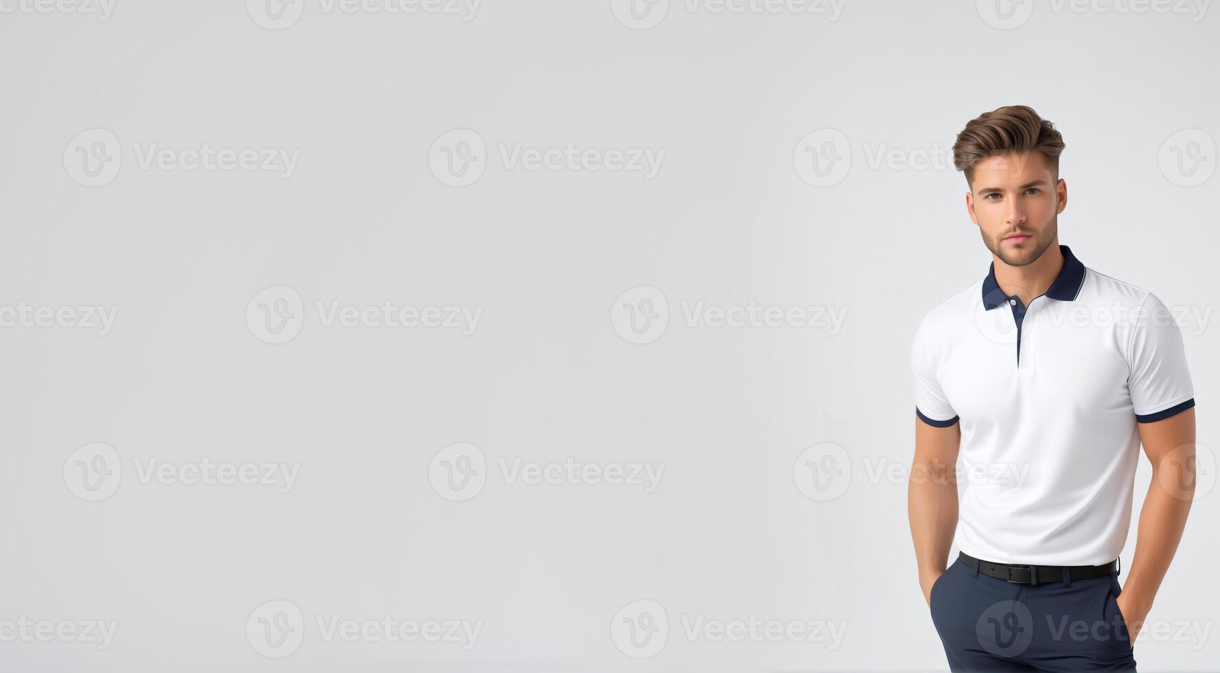 AI generated Confident young Caucasian male model in a white polo shirt posing on a gray background, suitable for fashion and mens apparel concepts photo