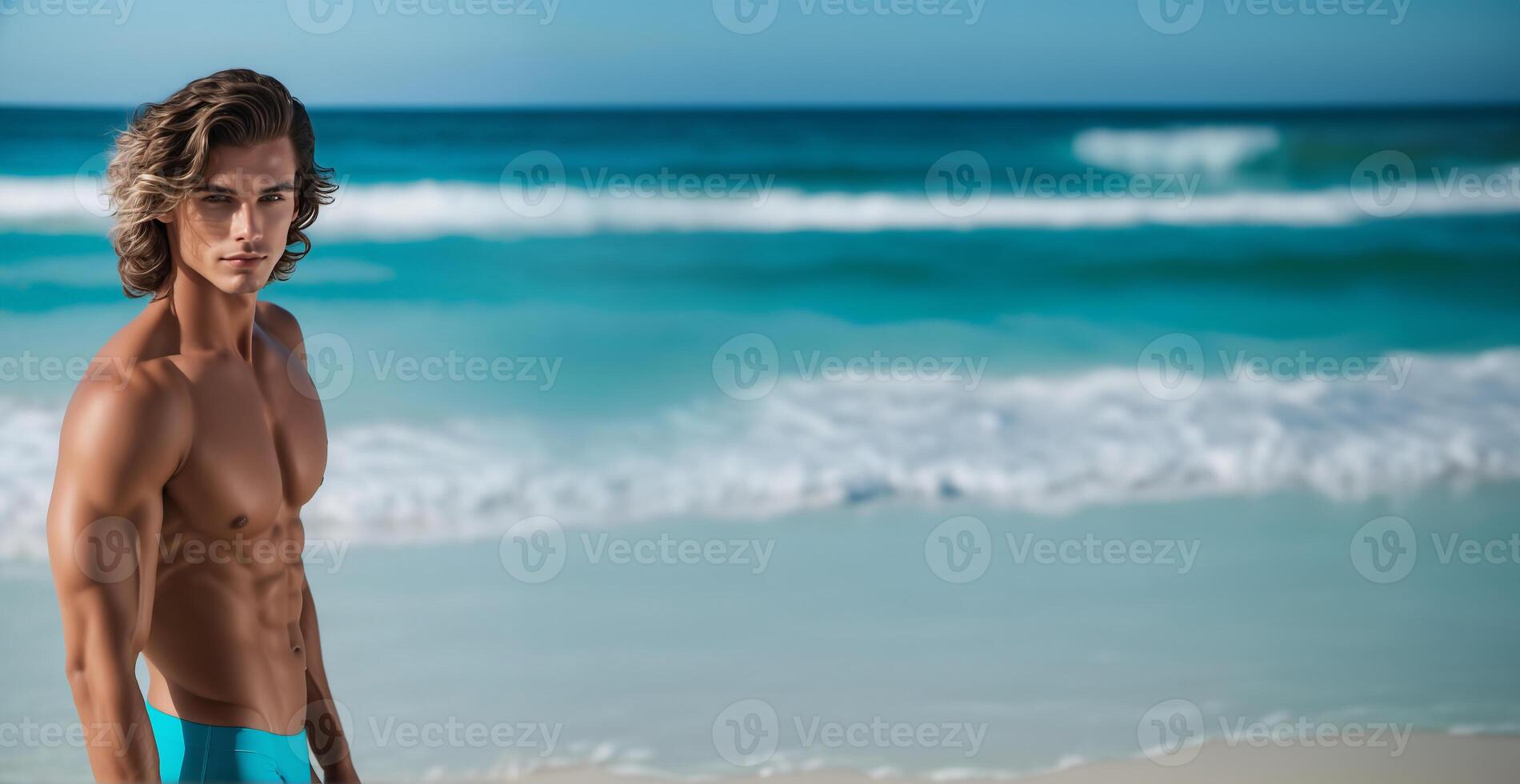 AI generated Fit young Caucasian male standing on a beach with turquoise swimwear, embodying a summer holiday and healthy lifestyle concept photo