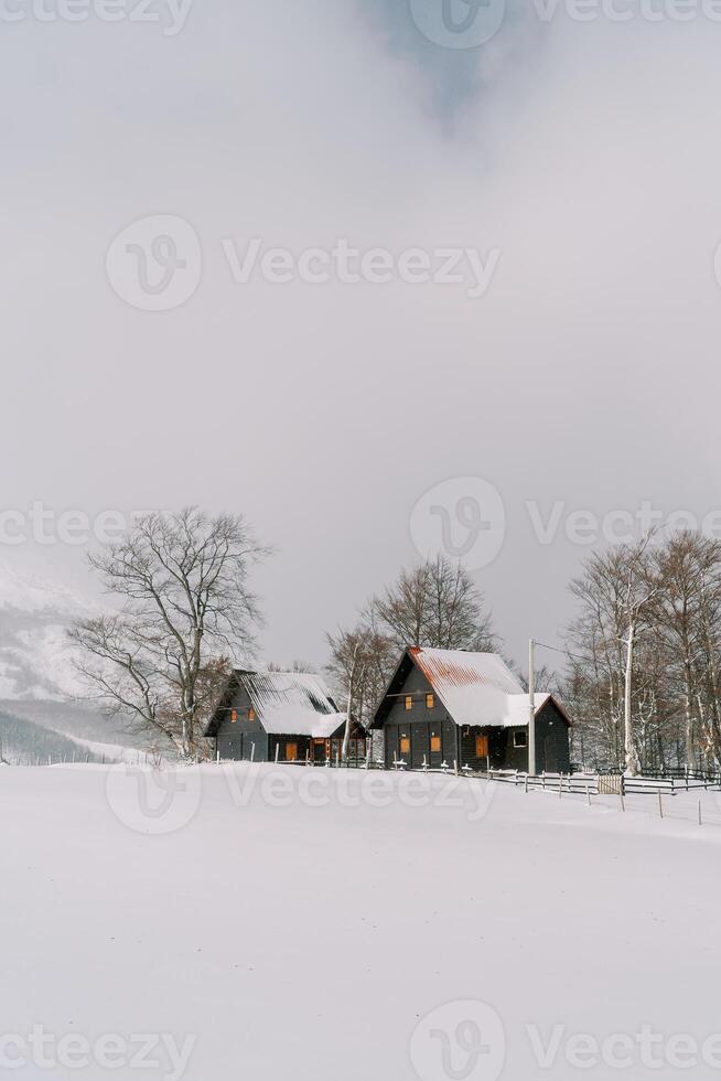 Wooden cottages in a snowy mountain valley photo