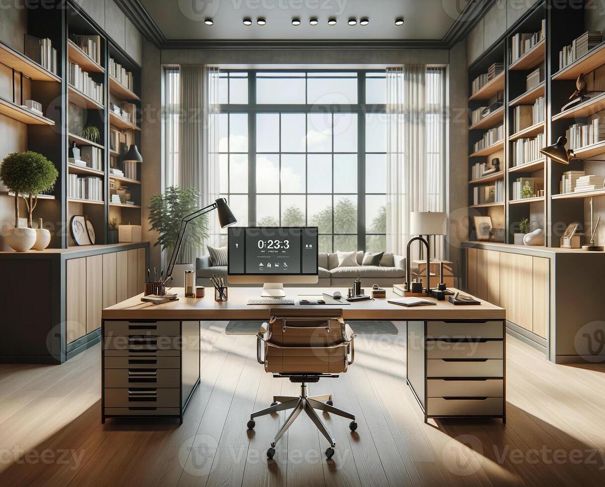 AI Generated A realistic and wide-angle view of a home office in a contemporary design. The office features a large, modern desk facing a big window photo