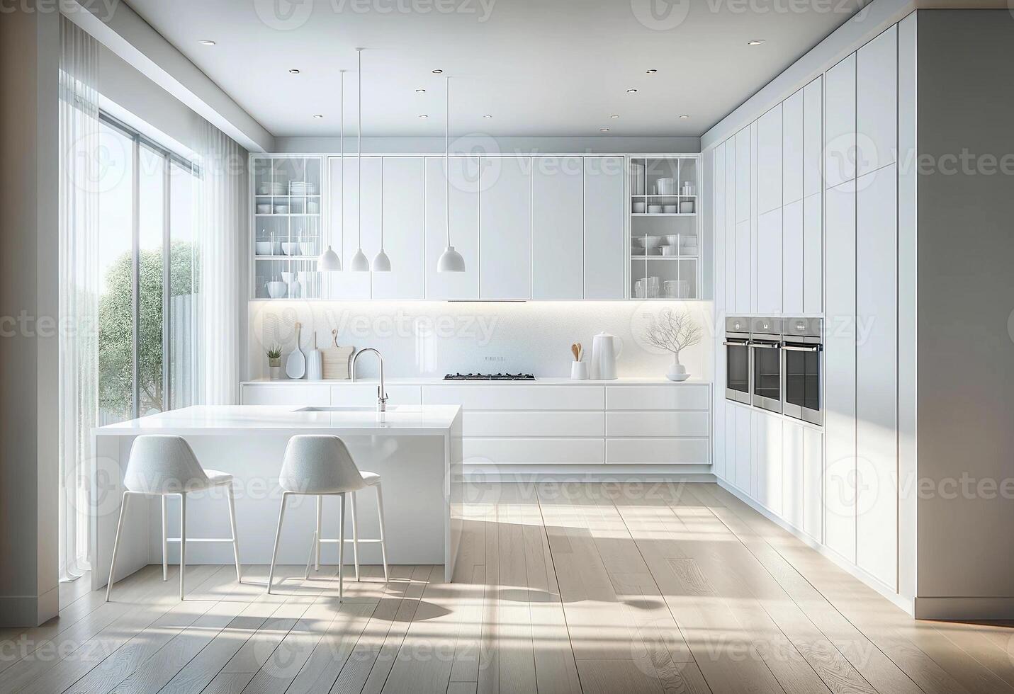 AI Generated A modern kitchen design with a bright and clean white theme. The kitchen boasts high-gloss white cabinetry that reflects the natural light photo