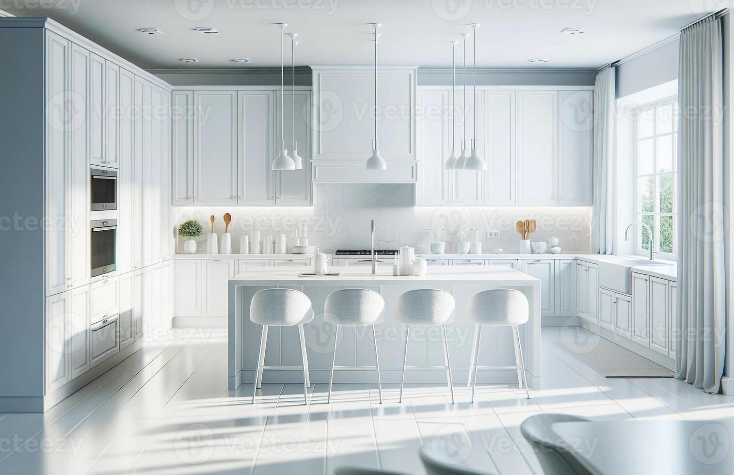 AI Generated A bright and white kitchen design in a modern home. The kitchen features white cabinetry with clean, sleek lines, creating a fresh and airy feel photo