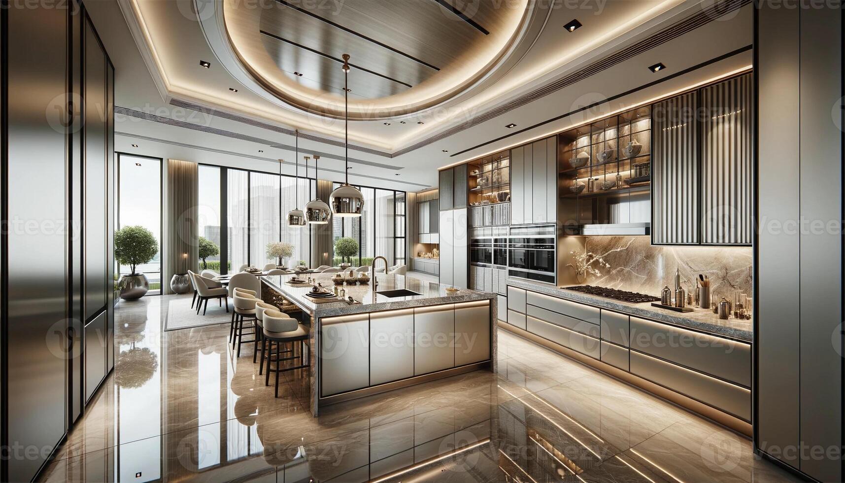AI Generated A luxurious and spacious kitchen in a high-end modern apartment. The kitchen is equipped with the latest appliances photo