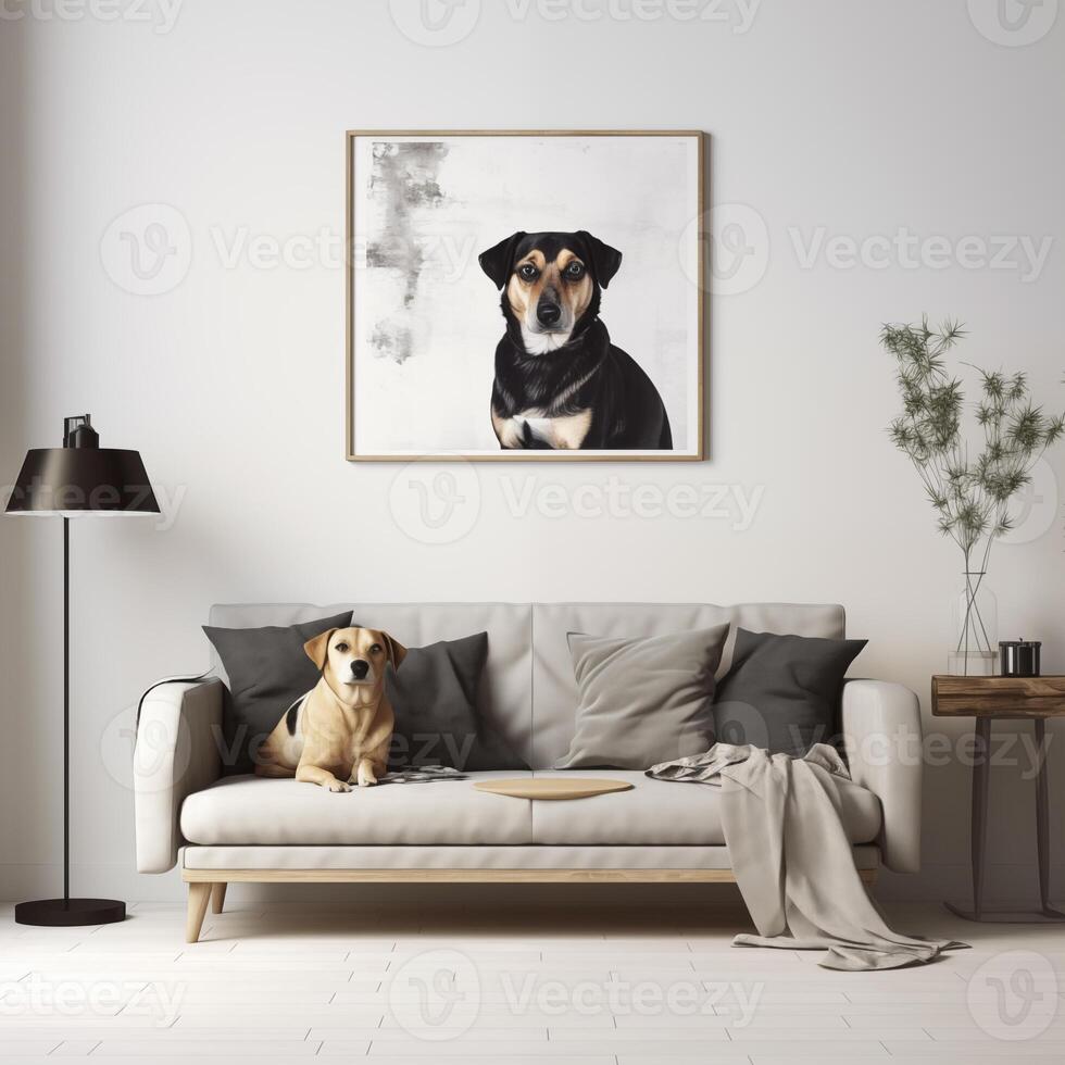 AI Generated Stylish and scandinavian living room interior of modern apartment with gray sofa, design wooden commode, black table, lamp, abstrac paintings on the wall. Beautiful dog lying on the couch photo