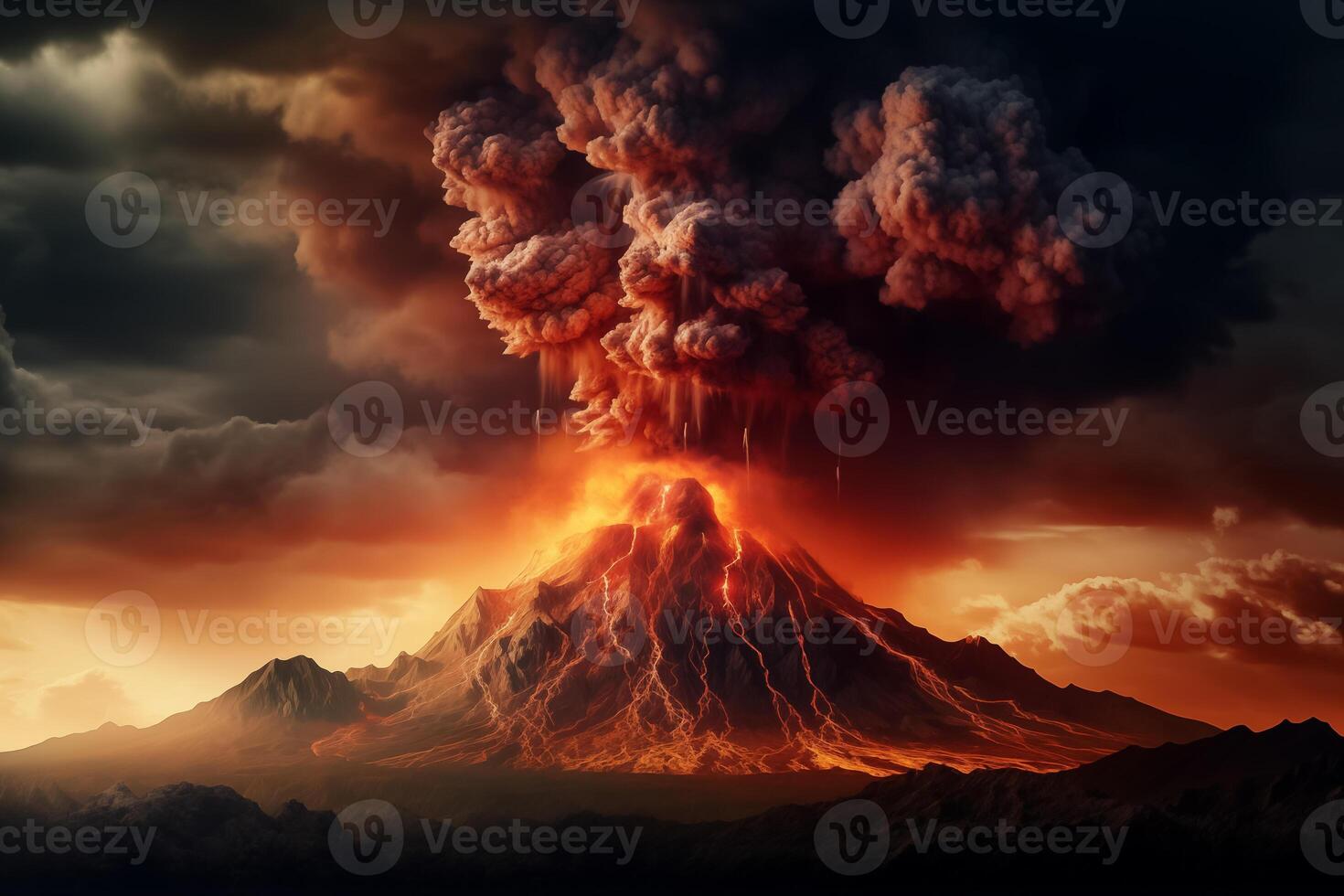 AI Generated Vulcan eruption destruction of mountain lava crater in the rock photo