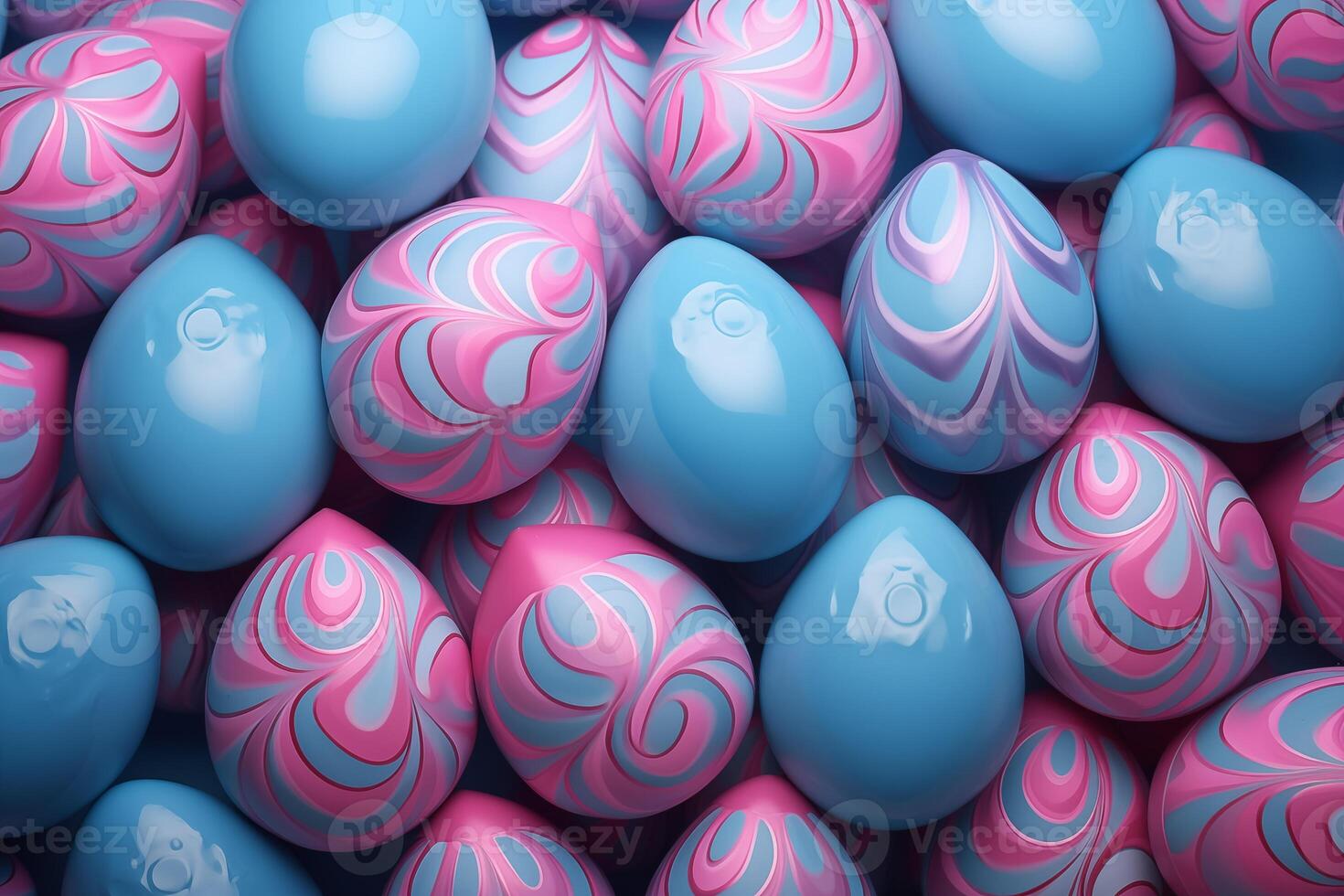 AI Generated Blue and Pink Easter Background. Collection of Precisely organized Eggs with Heart Patterns photo