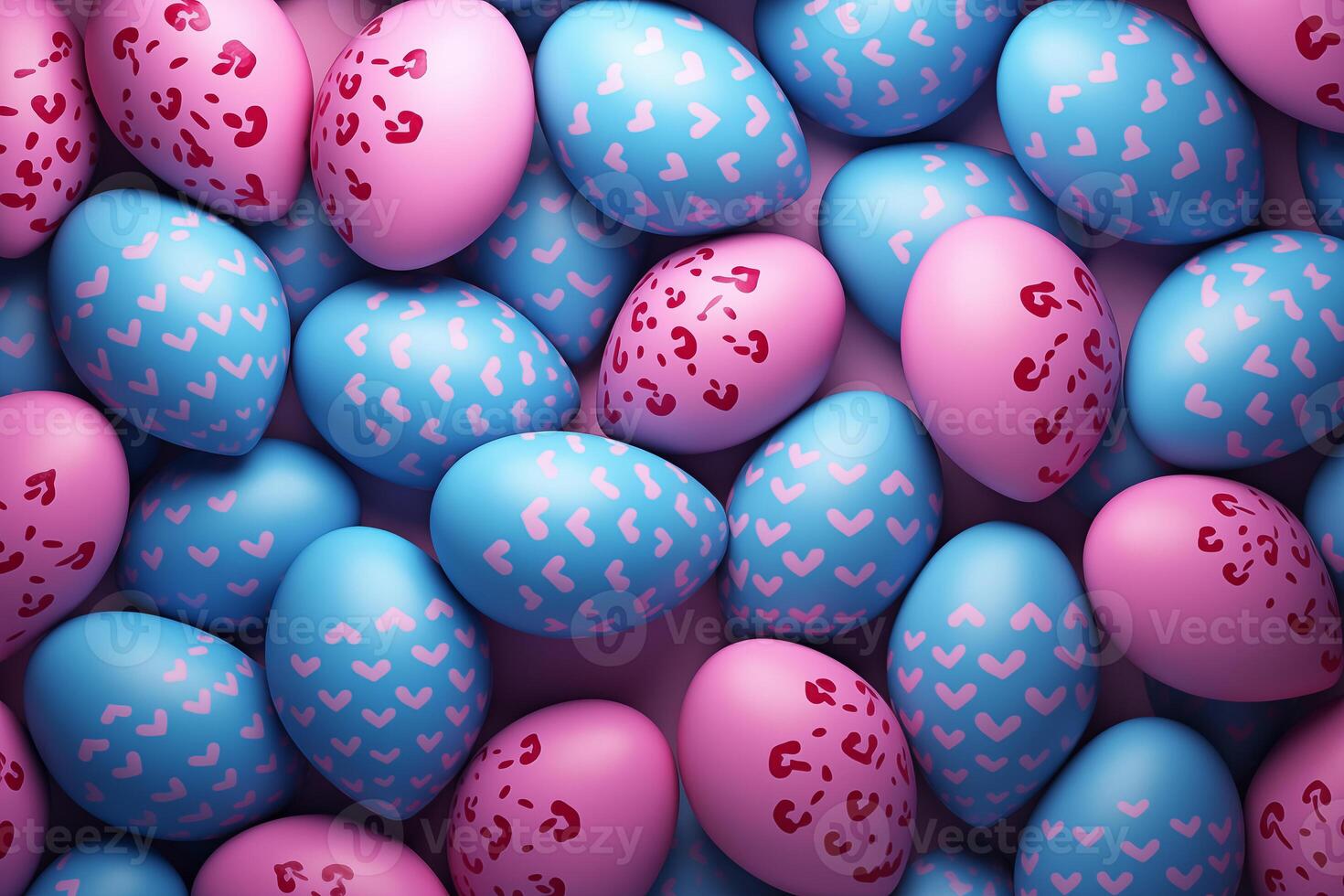AI Generated Blue and Pink Easter Background. Collection of Precisely organized Eggs with Heart Patterns photo