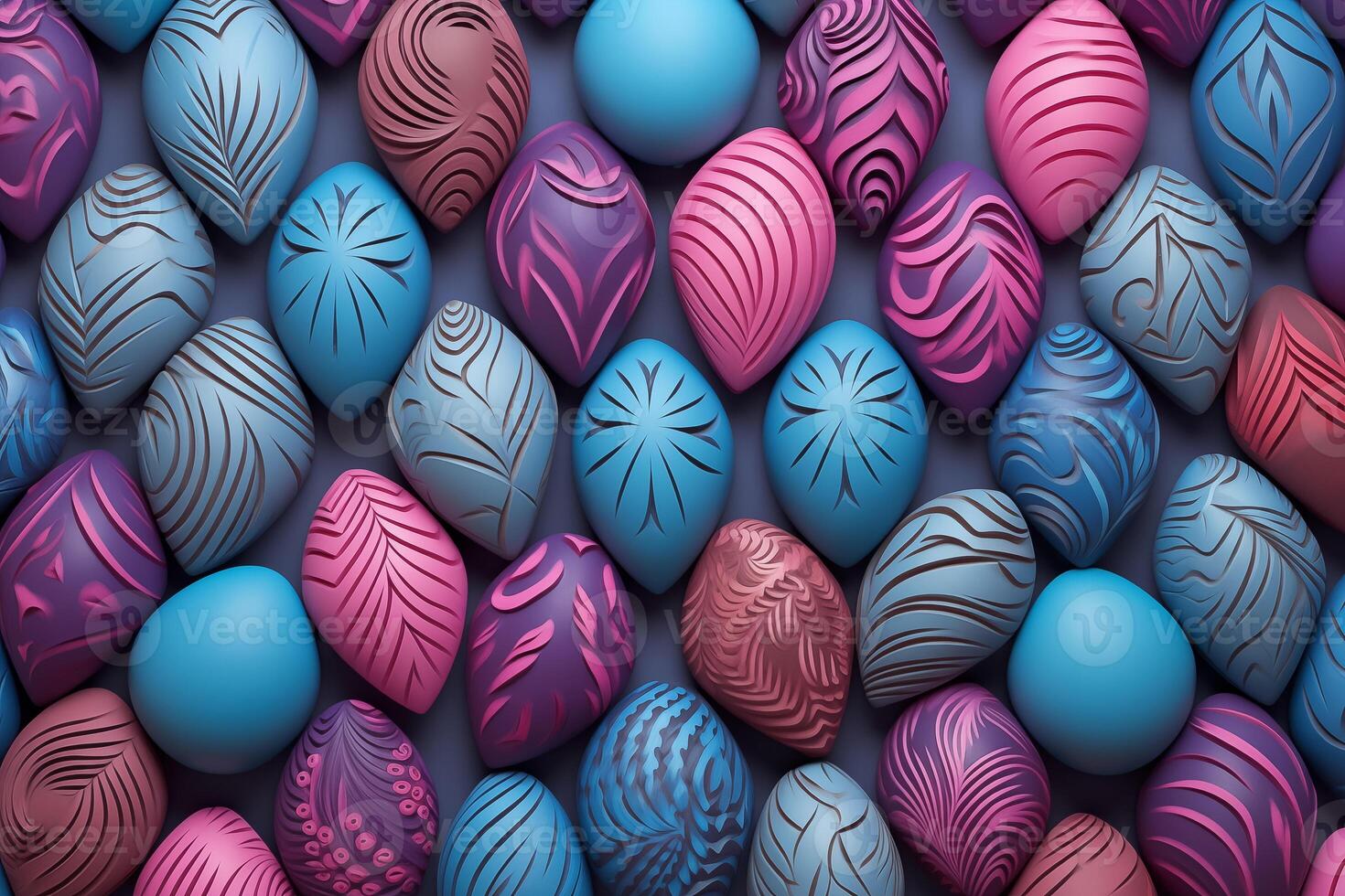 AI Generated Blue and Pink Easter Background. Collection of Precisely organized Eggs with Heart Patterns photo