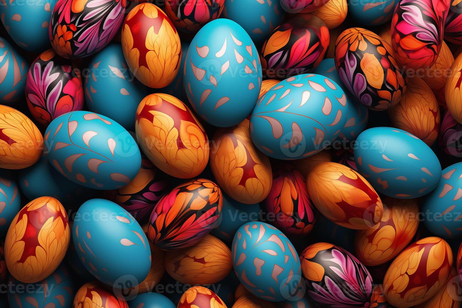 AI Generated Bright color vibrant eggs background pattern eggs. Holiday easter classic traditional symbol. Graphic Art photo
