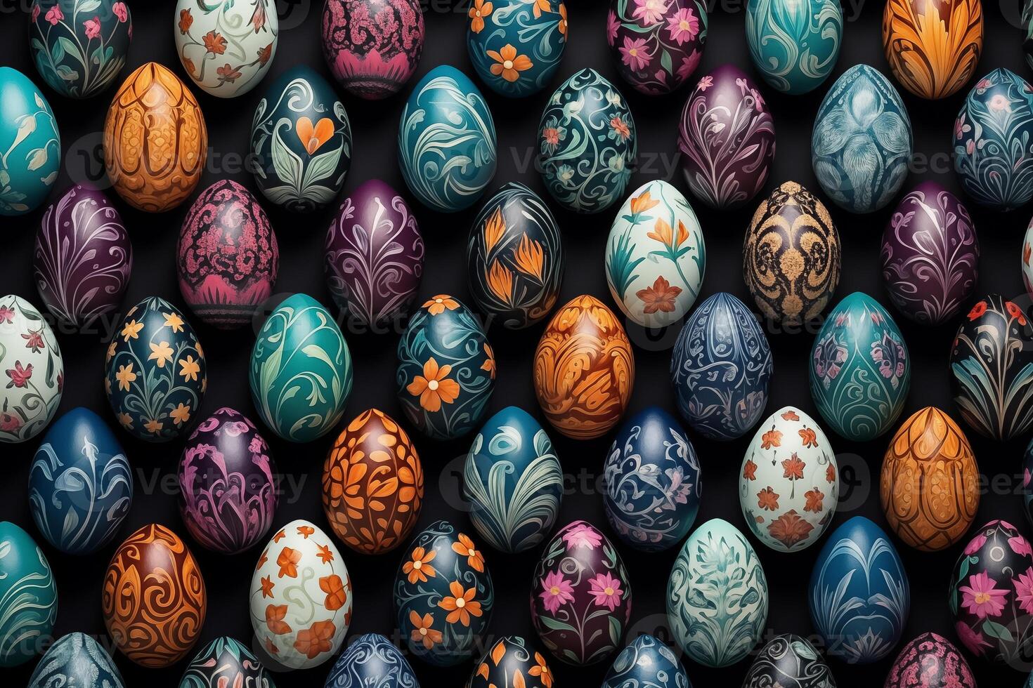 AI Generated Collection of Precisely arranged Eggs with Floral Patterns. Multicolored Easter Background photo