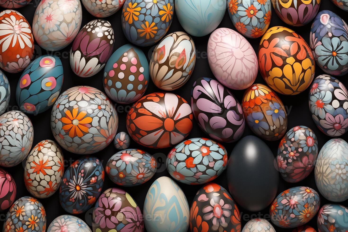 AI Generated Collection of Precisely arranged Eggs with Floral Patterns. Multicolored Easter Background photo