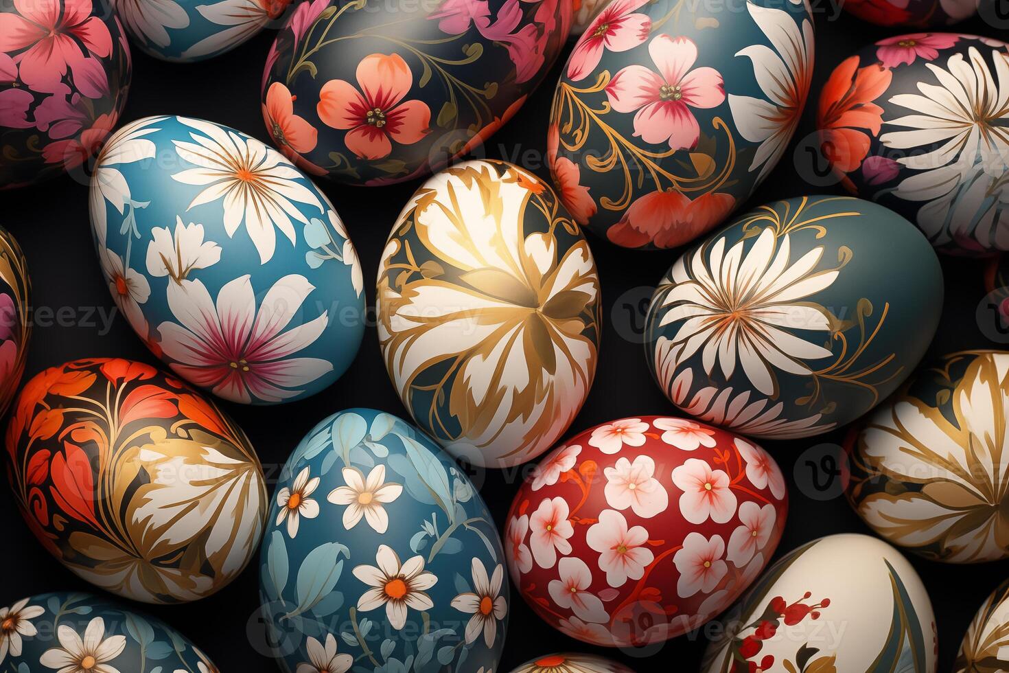 AI Generated Collection of Precisely arranged Eggs with Floral Patterns. Multicolored Easter Background photo