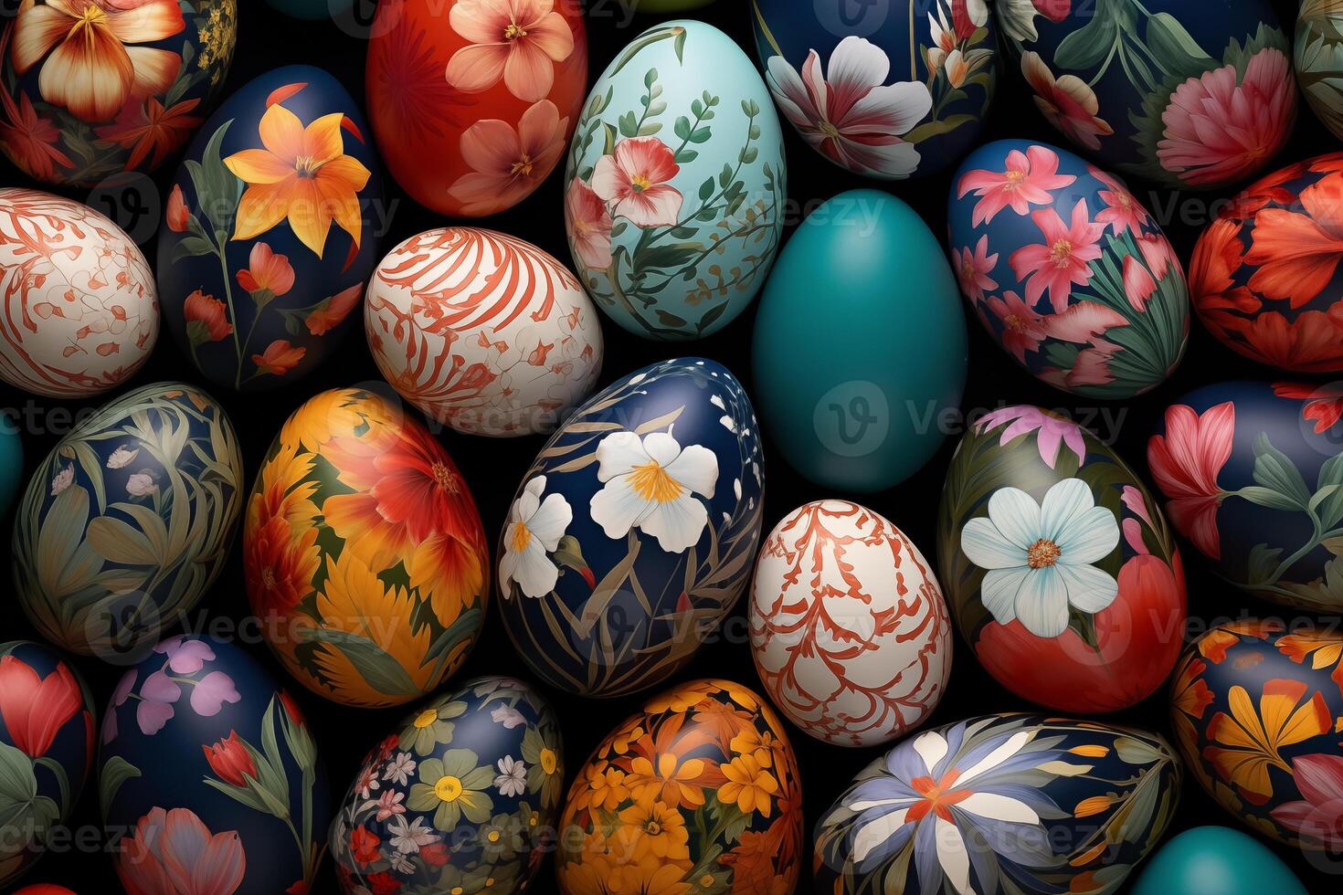 AI Generated Collection of Precisely arranged Eggs with Floral Patterns. Multicolored Easter Background photo