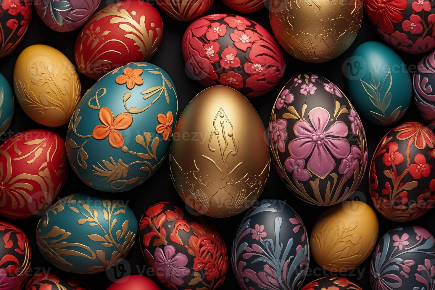 AI Generated Collection of Precisely arranged Eggs with Floral Patterns. Multicolored Easter Background photo