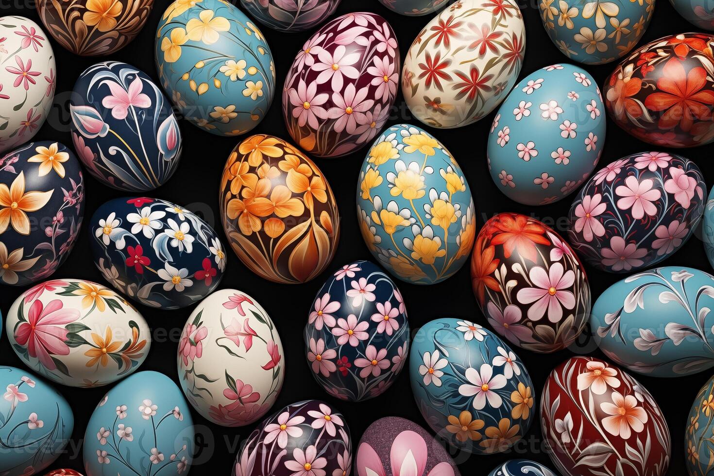 AI Generated Collection of Precisely arranged Eggs with Floral Patterns. Multicolored Easter Background photo