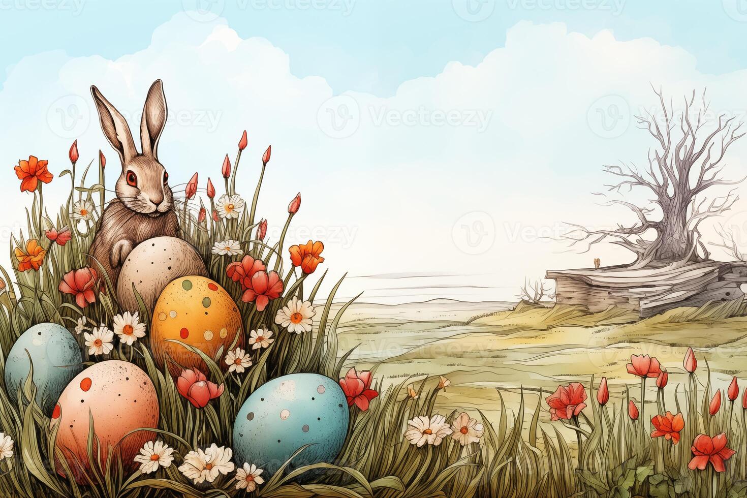AI Generated Easter background, Ink Illustration photo
