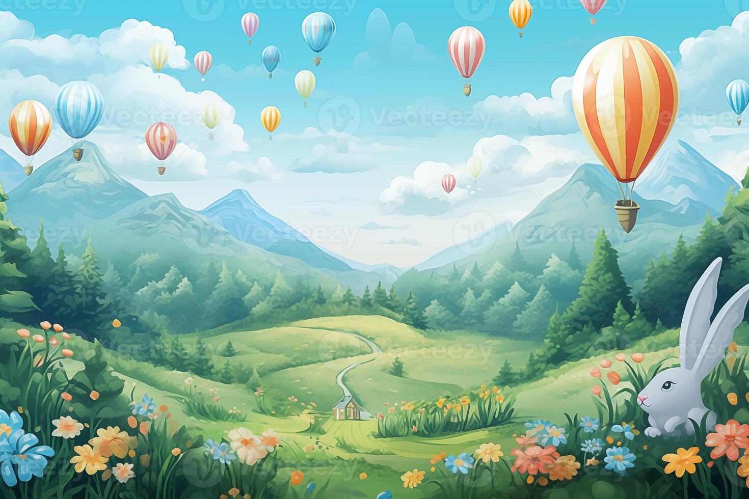 AI Generated Easter background, Style of children's book illustration photo