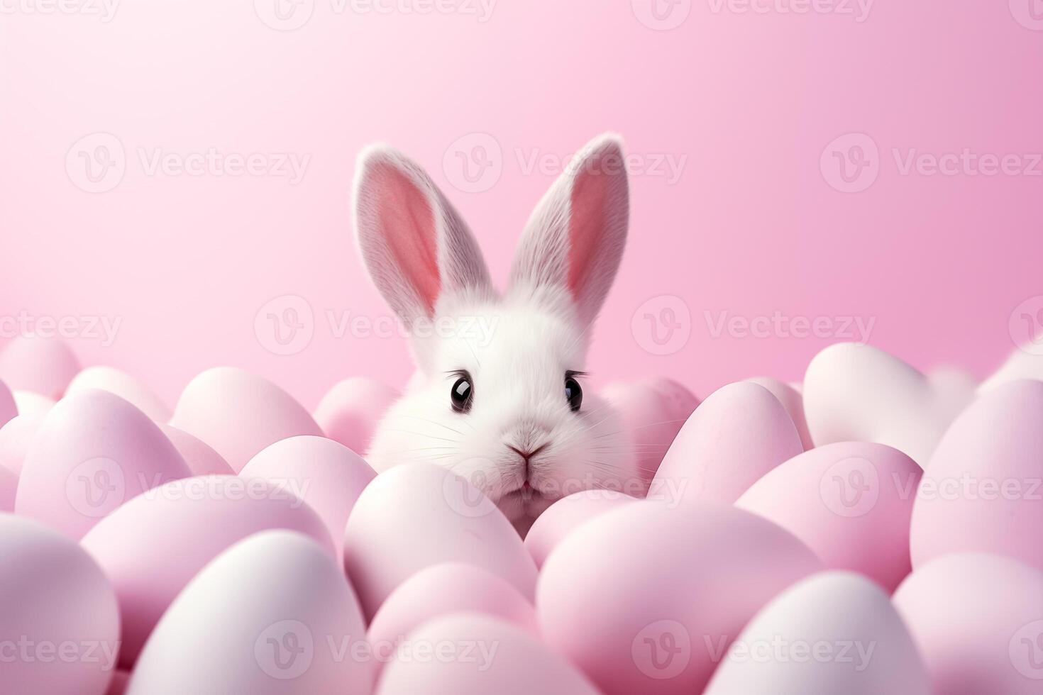 AI Generated Easter bunny peeps out of the hole on pastel pink background photo