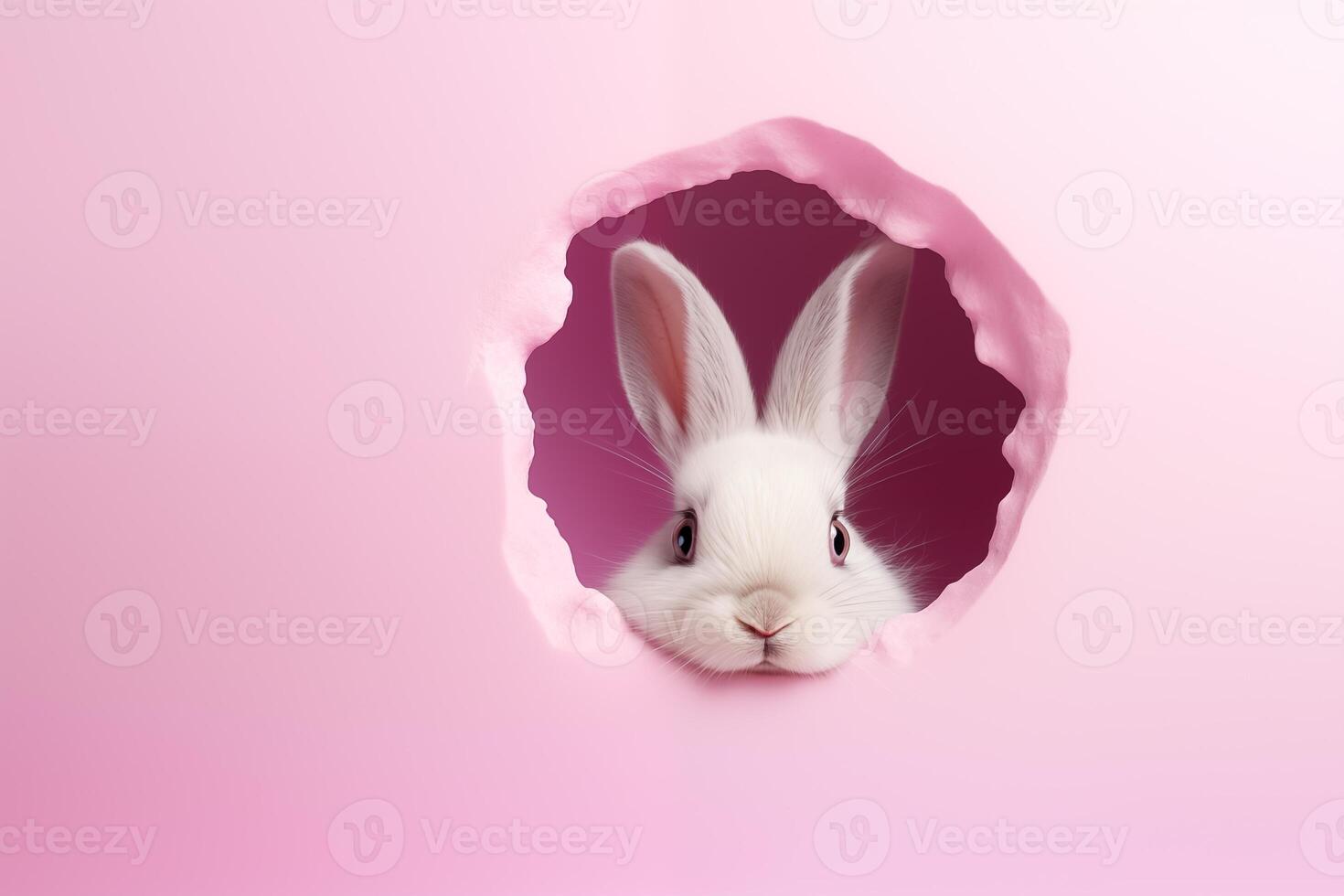AI Generated Easter bunny peeps out of the hole on pastel pink background photo