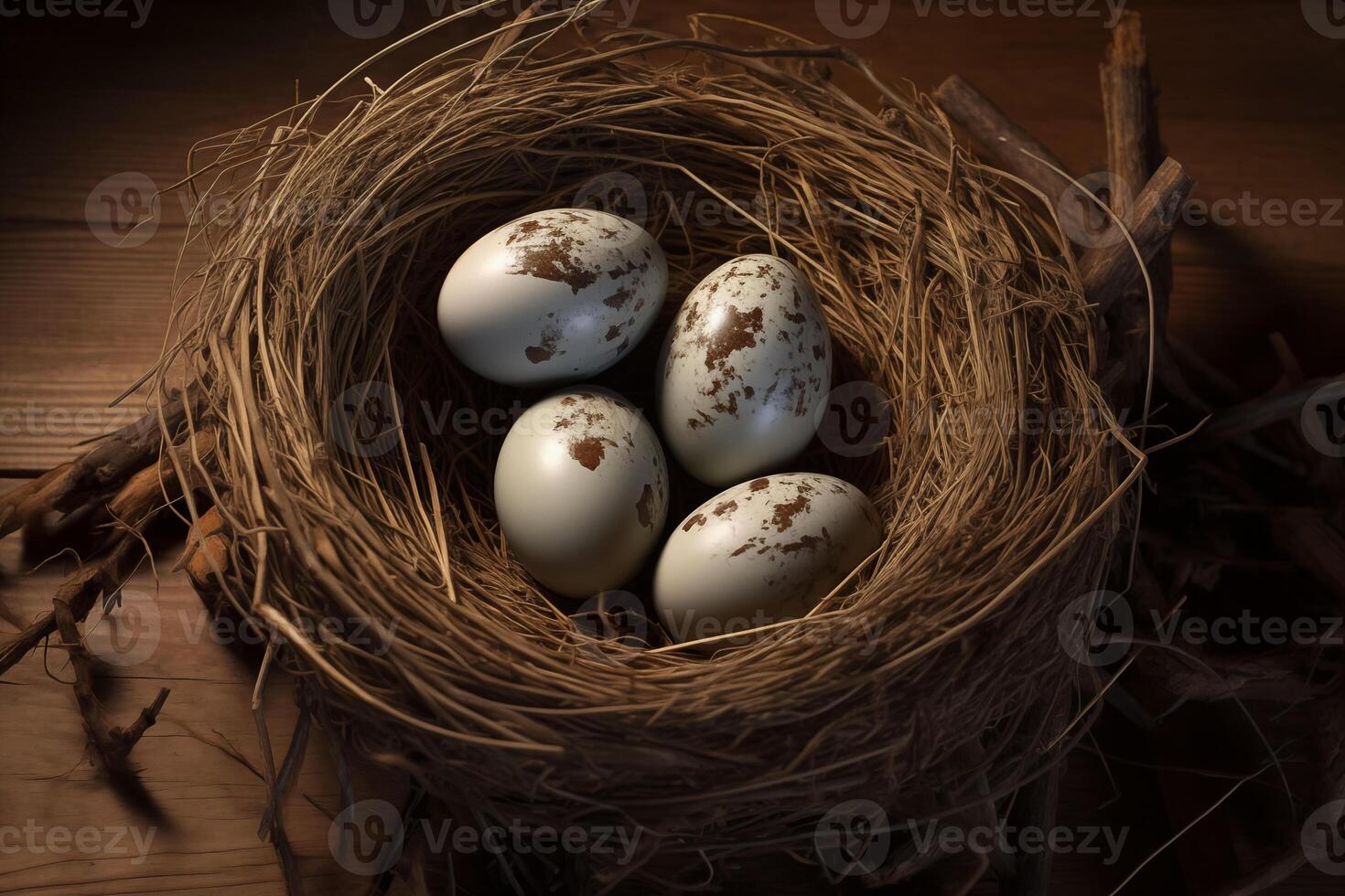 ai generado huevos en nido en Clásico tablón foto