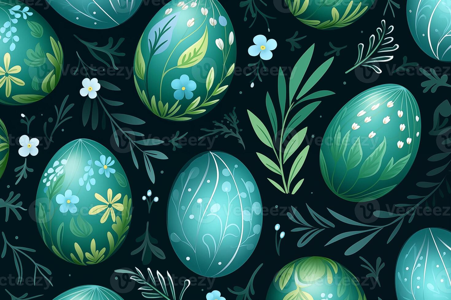 AI Generated Green easter eggs, leaves and flowers. Seamless festive spring pattern. Happy and positive wrapping or background for your holiday goods photo