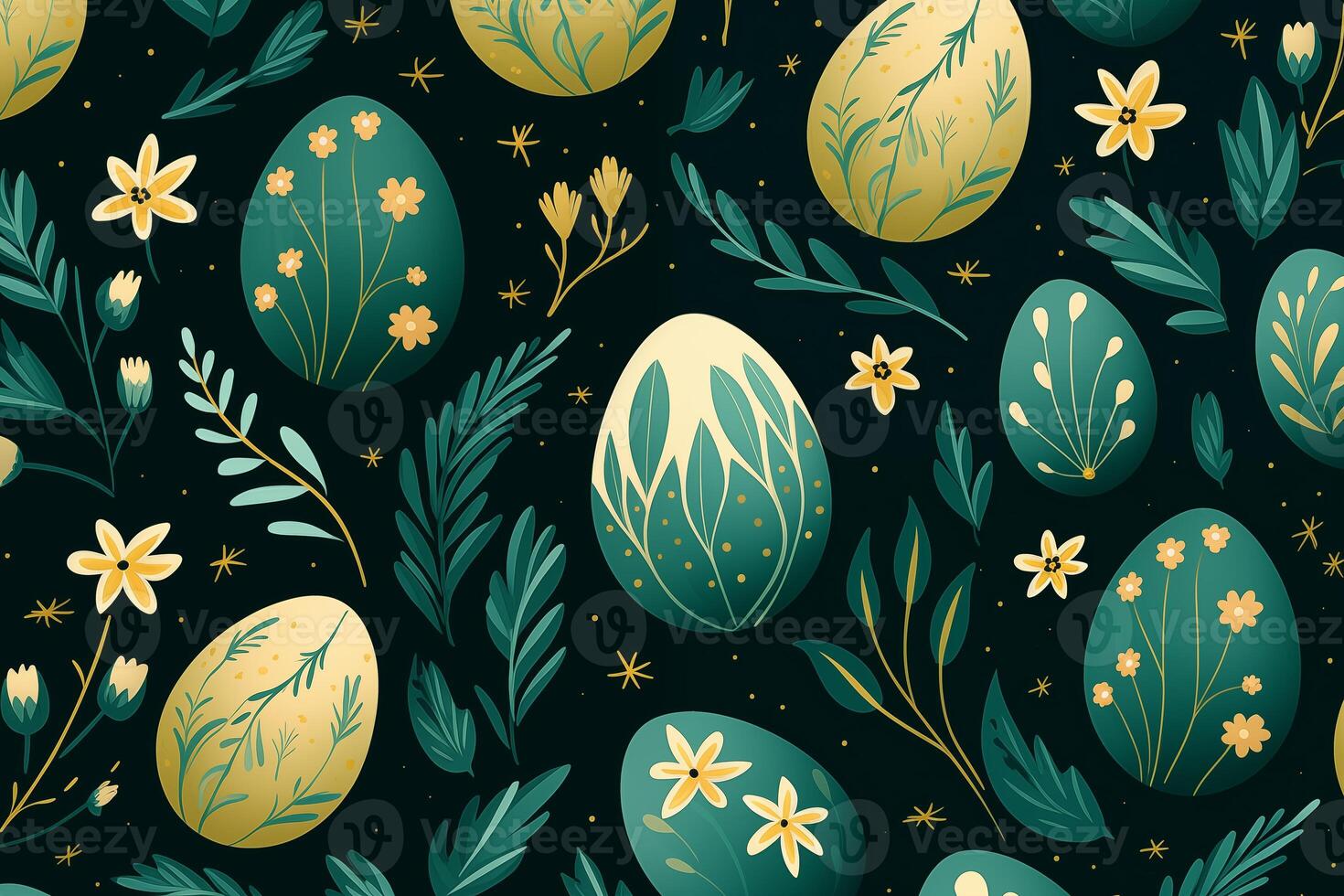 AI Generated Green easter eggs, leaves and flowers. Seamless festive spring pattern. Happy and positive wrapping or background for your holiday goods photo