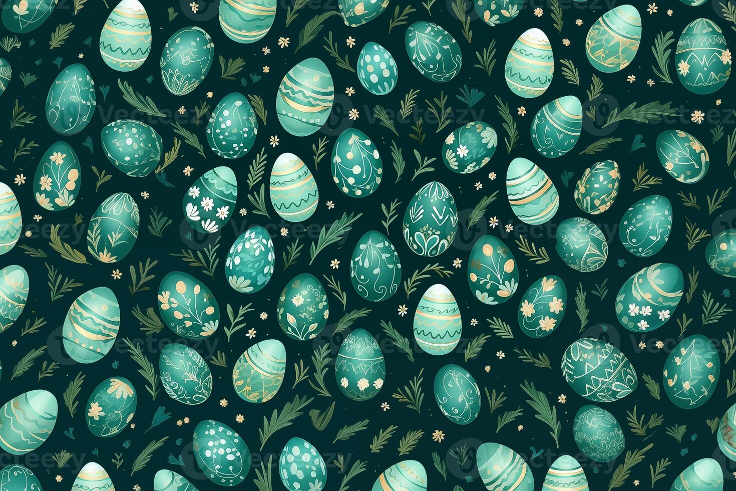 AI Generated Green easter eggs, leaves and flowers. Seamless festive spring pattern. Happy and positive wrapping or background for your holiday goods photo