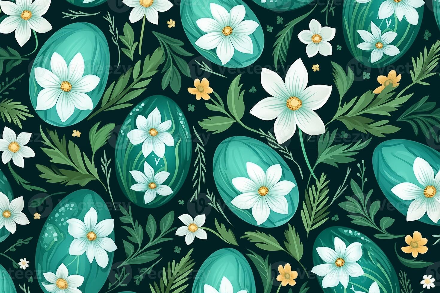 AI Generated Green easter eggs, leaves and flowers. Seamless festive spring pattern. Happy and positive wrapping or background for your holiday goods photo