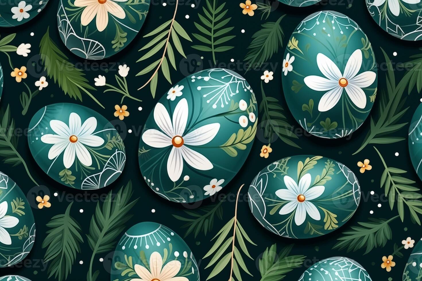 AI Generated Green easter eggs, leaves and flowers. Seamless festive spring pattern. Happy and positive wrapping or background for your holiday goods photo