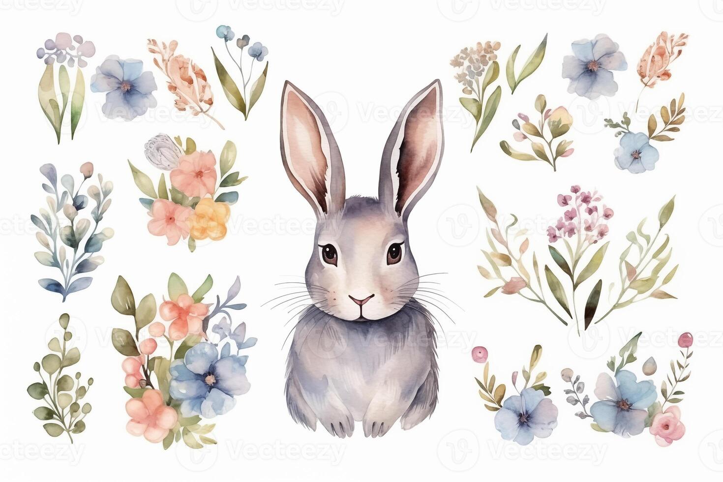AI Generated Hand drawn watercolor happy easter set with bunnies design. Rabbit bohemian style, isolated boho illustration on white photo