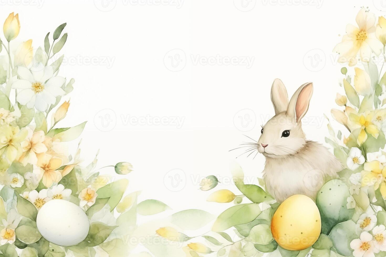 AI Generated Happy Easter watercolor card, banner, border with cute Easter rabbit, eggs, spring flowers and chick in pastel colors on light green white background. Isolated Easter watercolor photo