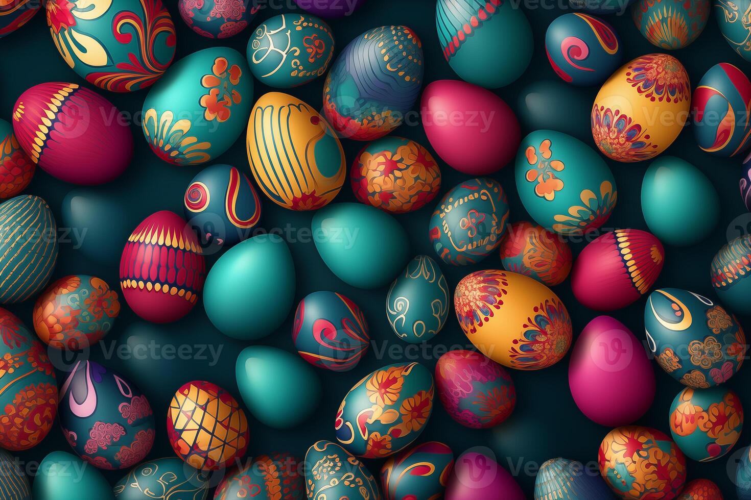 AI Generated Happy easter text design. Easter greeting card with colorful and pattern eggs for spring holiday season background photo