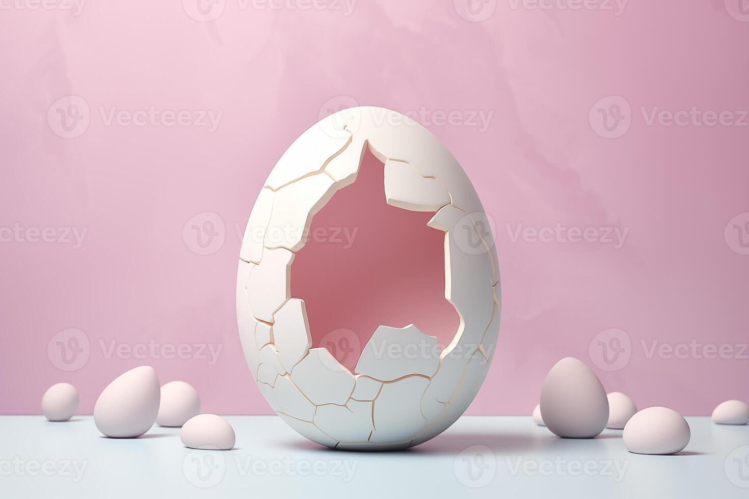 AI Generated Minimal creative pastel Easter concept, painted pastel, half cracked egg with little white rabbit inside. A symbol of spring holidays photo