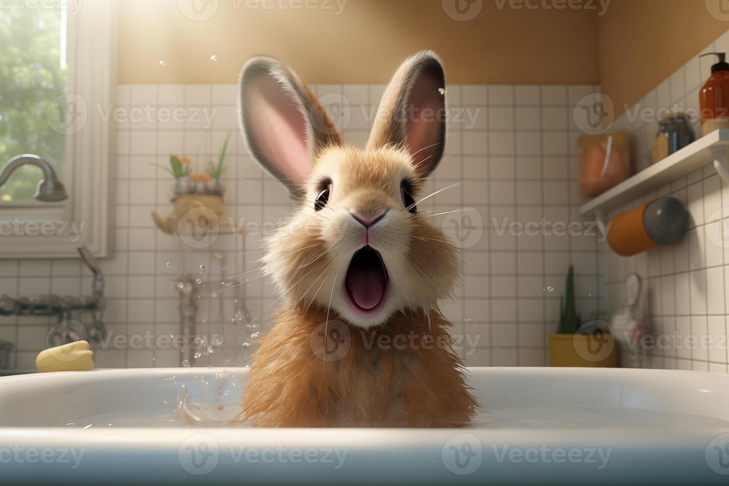 AI Generated little easter bunny animal bunny having fun in the bathroom photo