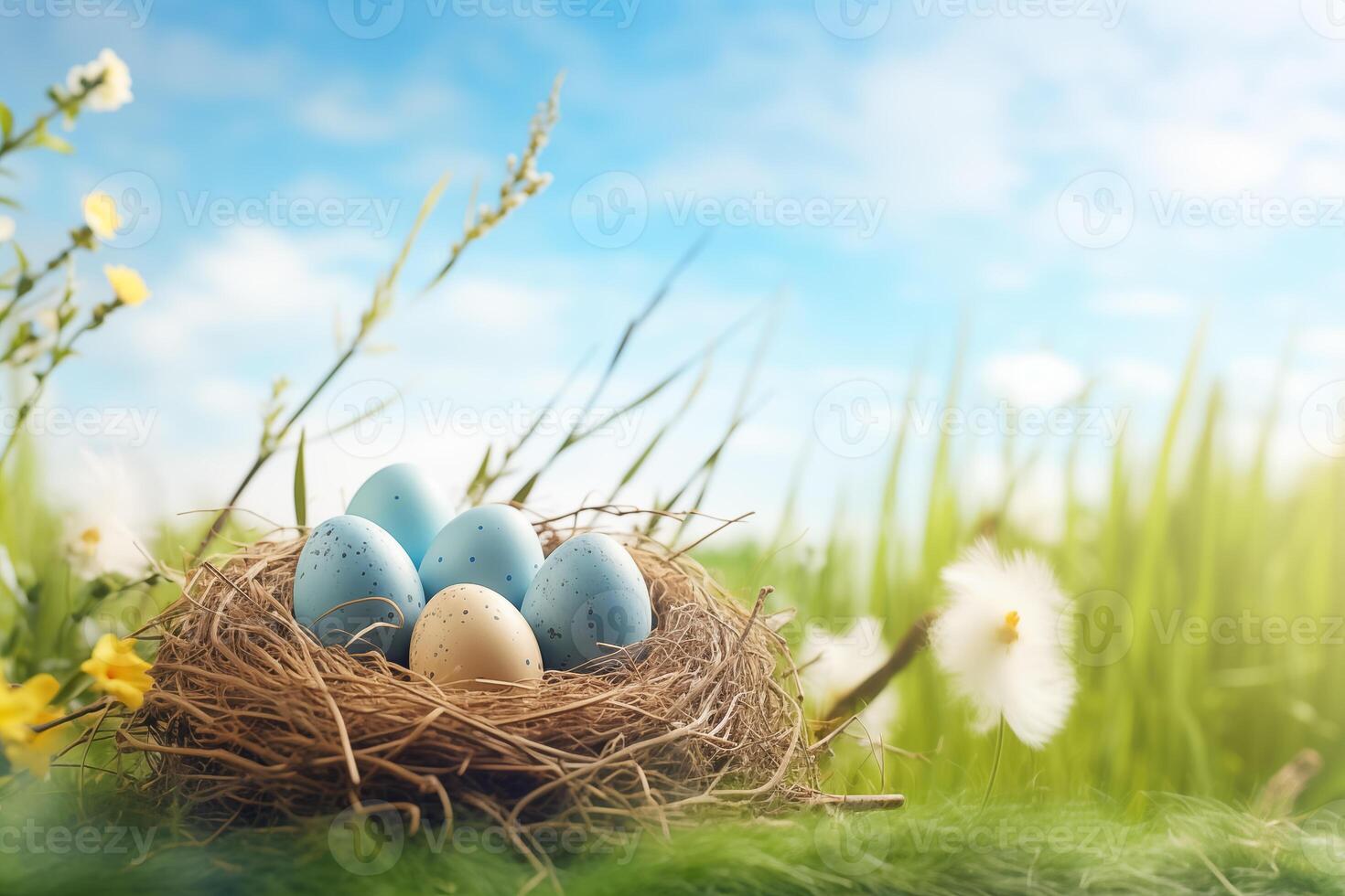 AI Generated Nest with easter eggs in grass on a sunny spring day - Easter decoration, banner, panorama, background photo