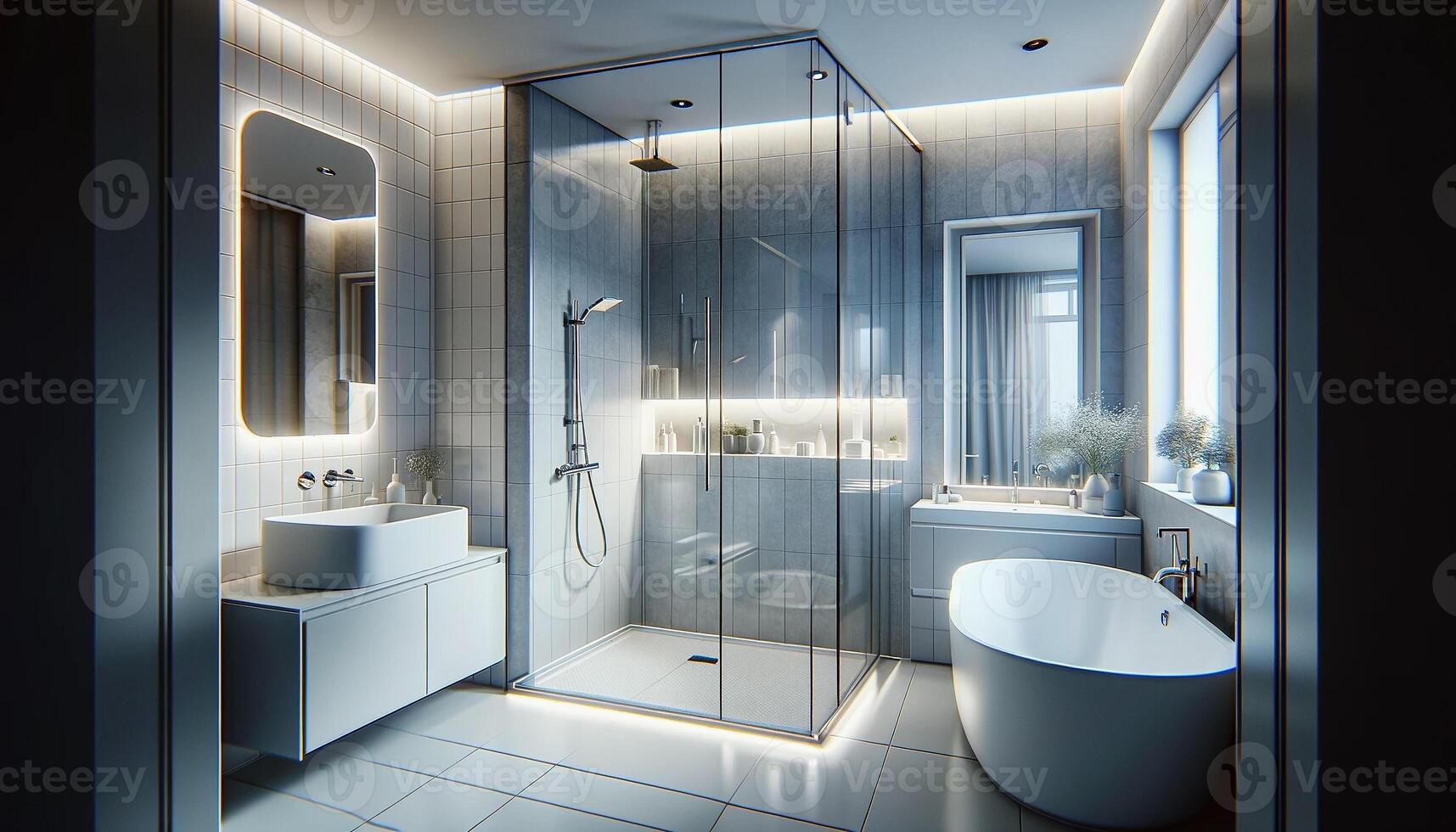 ai generado un fotorrealista representación de un moderno, elegante baño en un hogar ajuste. el baño caracteristicas un ducha cabina con un vaso puerta foto
