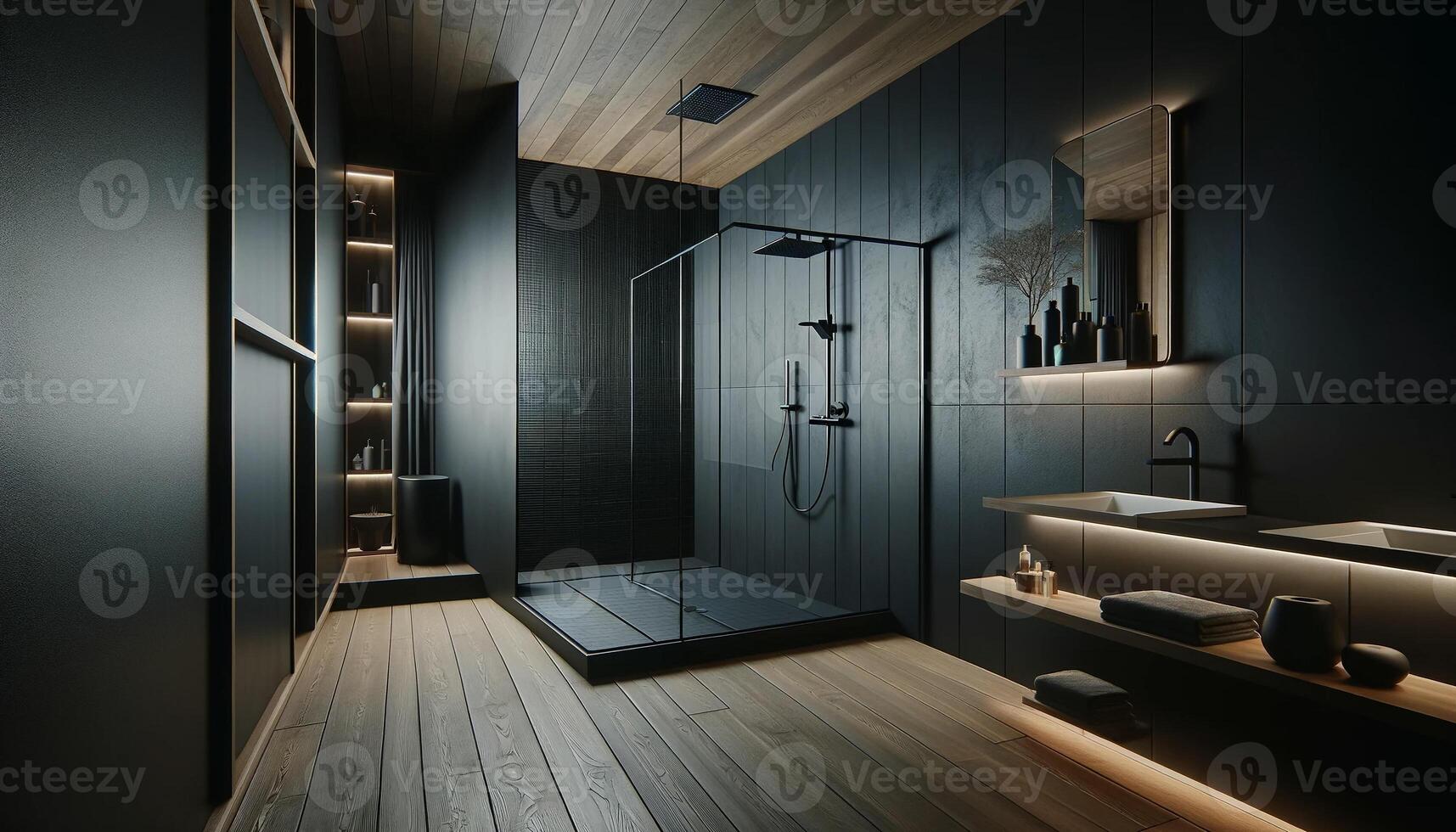 AI Generated stylish dark bathroom interior with a big shower, exemplifying modern minimalism. The dominant color scheme photo