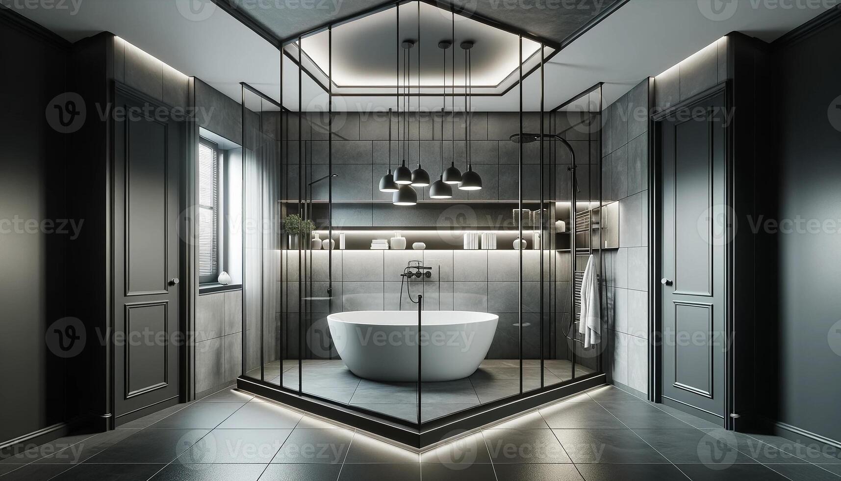 AI Generated corner in a grey and black bathroom interior, demonstrating a modern apartment design concept photo