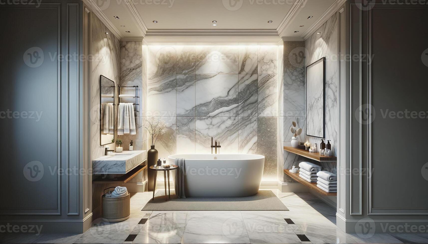 AI Generated stylish bathroom interior design featuring marble panels. The bathroom showcases luxurious marble panels on the walls photo