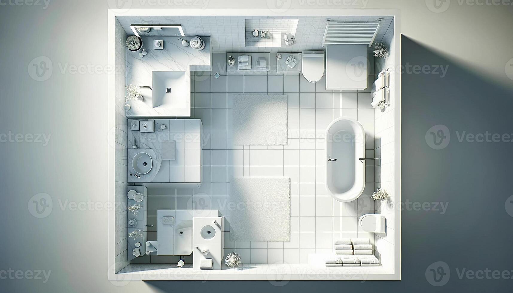 AI Generated top-down view image of a bright, white-colored bathroom. The design is minimalist and modern, with clean lines and a predominance photo