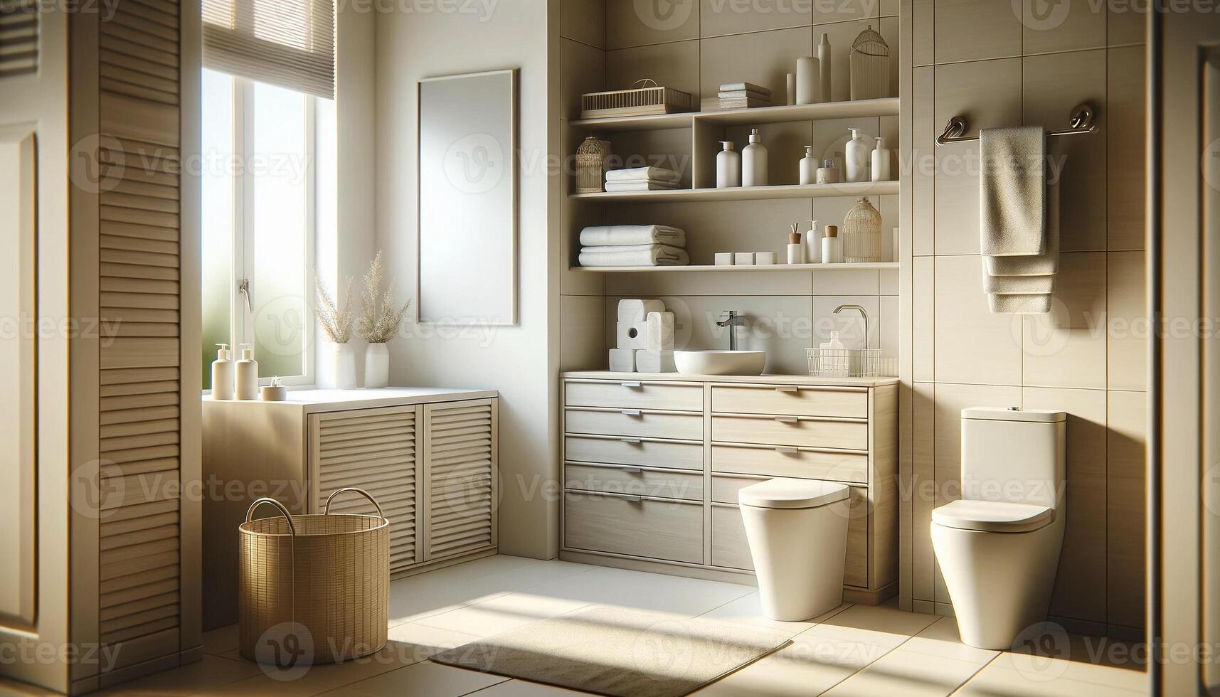 AI Generated interior of a light bathroom, featuring drawers, a toilet bowl, and a laundry basket photo